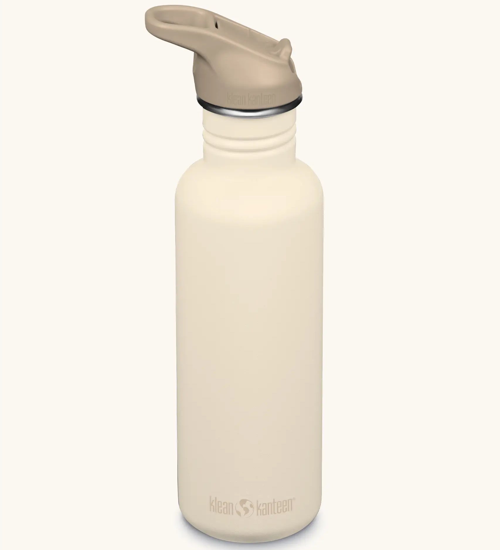 Klean Kanteen 27oz classic stainless steel bottle in white cap gray with a matching leak proof flip cap