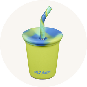 Klean Kanteen Green Stainless Steel Kid Cup with spill-proof lid with straw to represent Klean Kanteen Cups and Tumblers at Babipur.