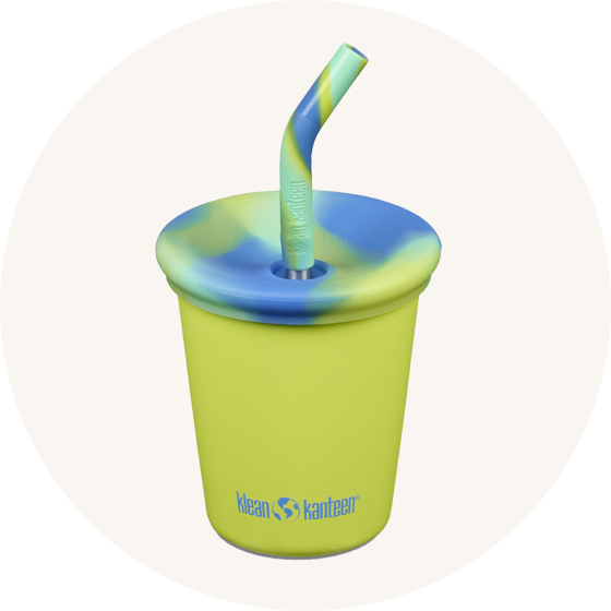 Klean Kanteen Green Stainless Steel Kid Cup with spill-proof lid with straw to represent Klean Kanteen Cups and Tumblers at Babipur.