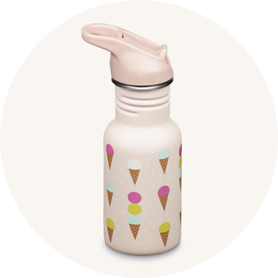 Klean Kanteen Child's Reusable School Sports Bottle with Leakproof Flip Seal Cap in pink ice cream print to represent Klean Kanteen Kids Bottles at Babipur.
