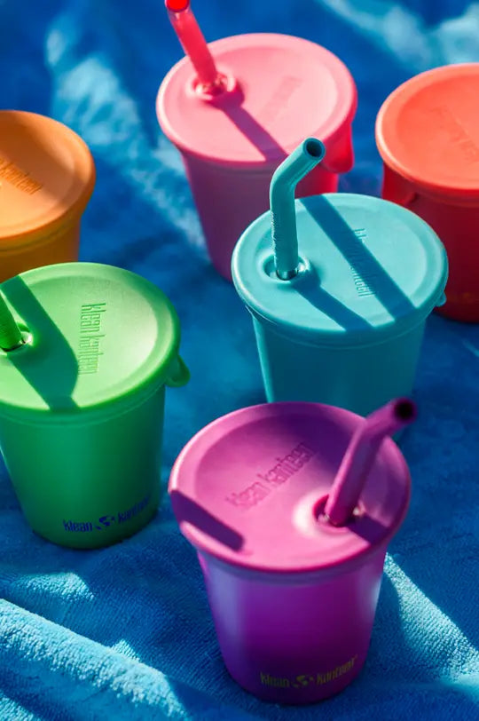 Klean Kanteen Kid Stainless Steel cups with silicone lids and straws in summer colours.