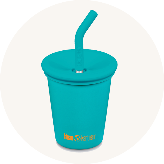 Klean Kanteen Teal Kid Cup with silicone spill-proof lid and straw, made from stainless steel.