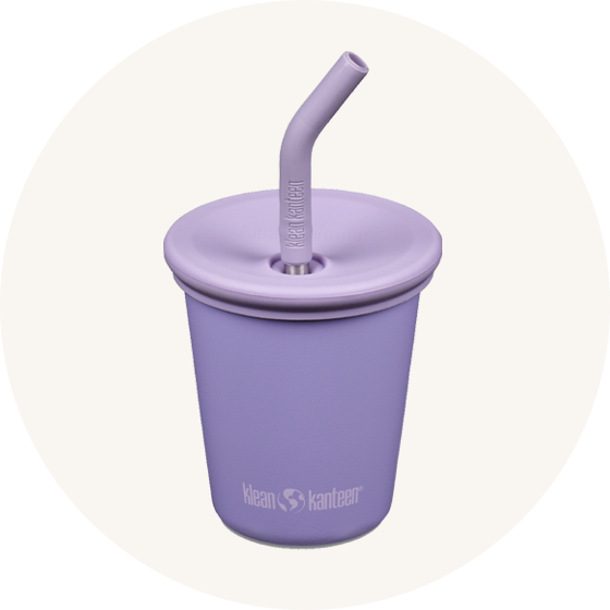 Klean Kanteen Kid Cup with lid and straw in purple to represent all Klean Kanteen reusable cups and tumblers at Babipur.
