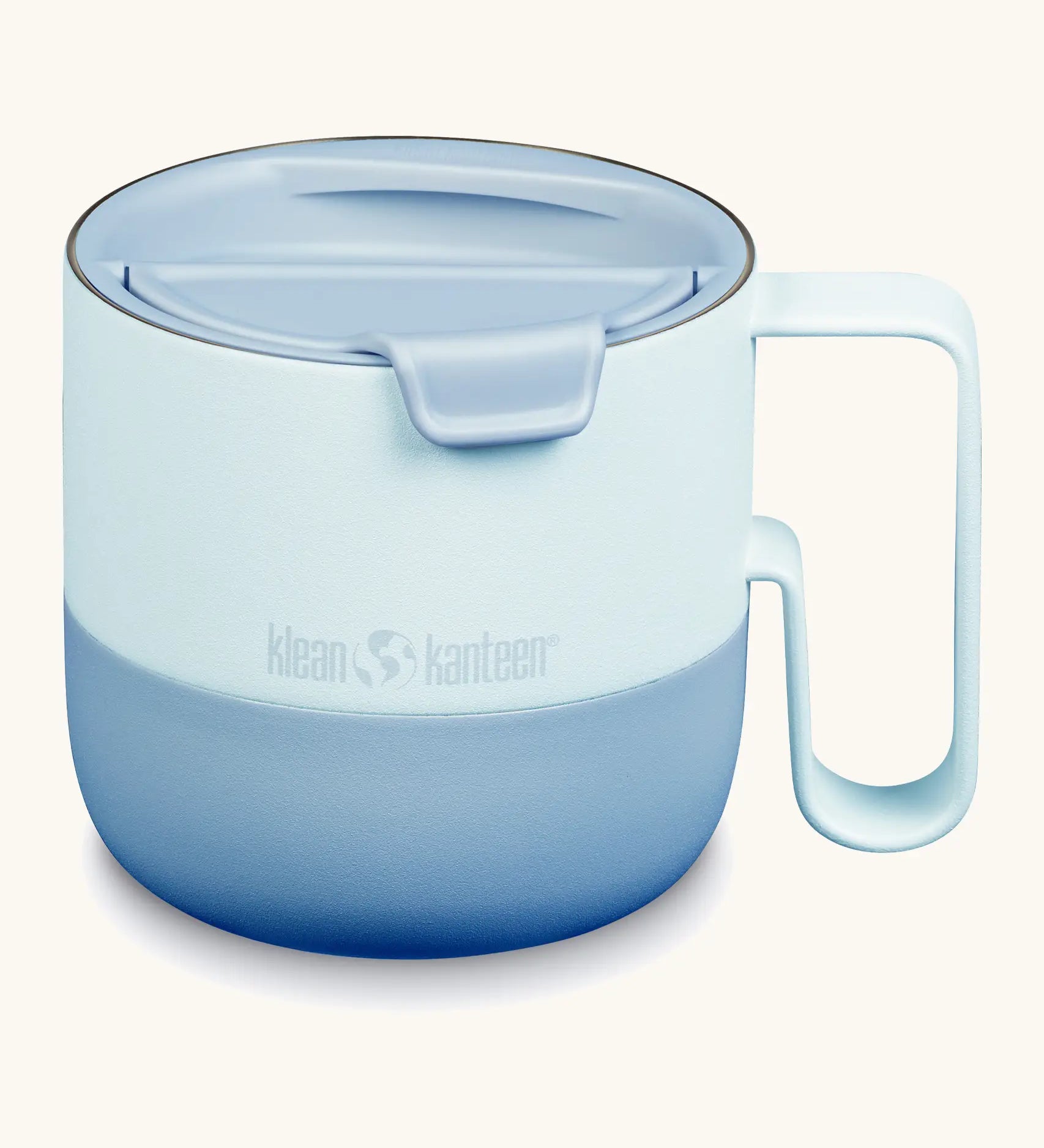 Klean Kanteen stainless steel rise 14oz mug with handle in icy blue with a matching flip lid