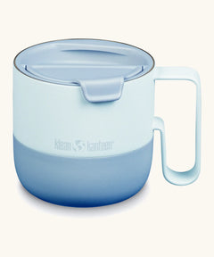Klean Kanteen stainless steel rise 14oz mug with handle in icy blue with a matching flip lid