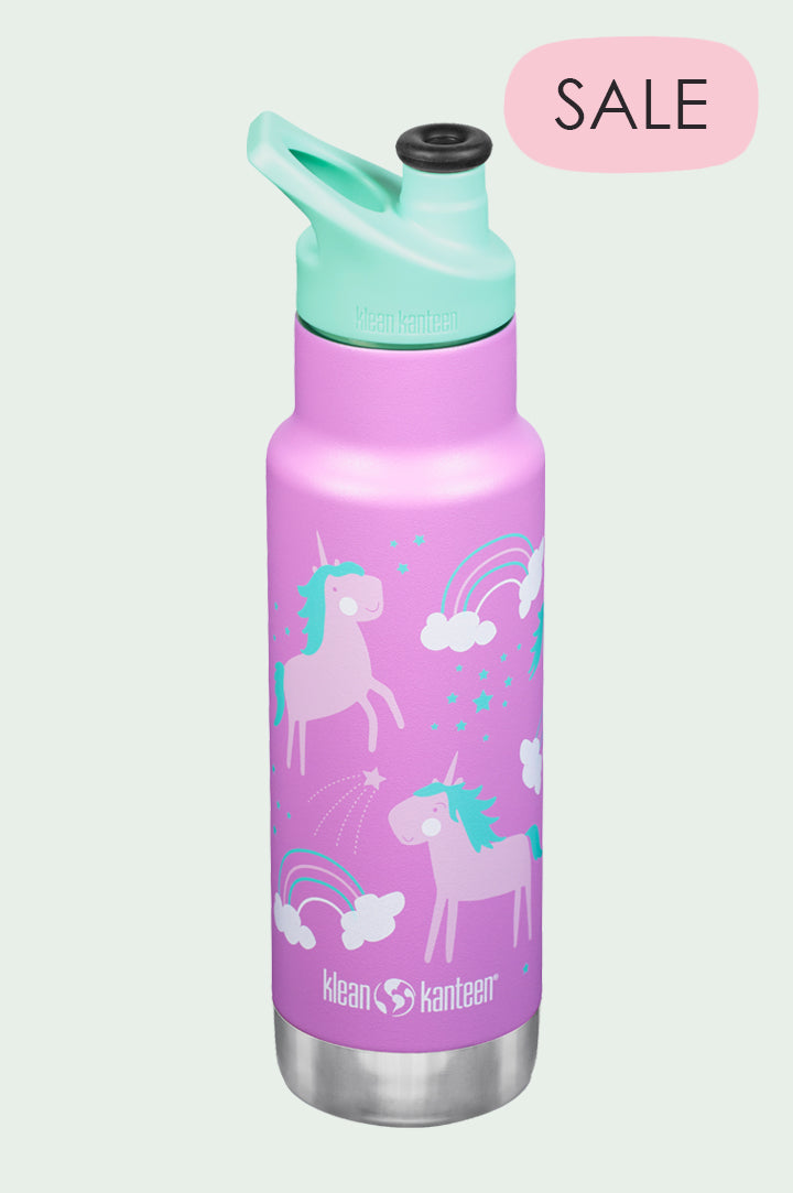 Kids Klean Kanteen Insulated Reusable Stainless Steel Sports Bottle in a unicorn print to represent Klean Kanteen Sale at Babipur.