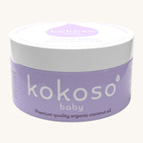 Kokoso 168g baby organic coconut oil tub available at Babipur. A purple tub with a white lid. 