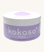 Kokoso 168g baby organic coconut oil tub available at Babipur. A purple tub with a white lid. 