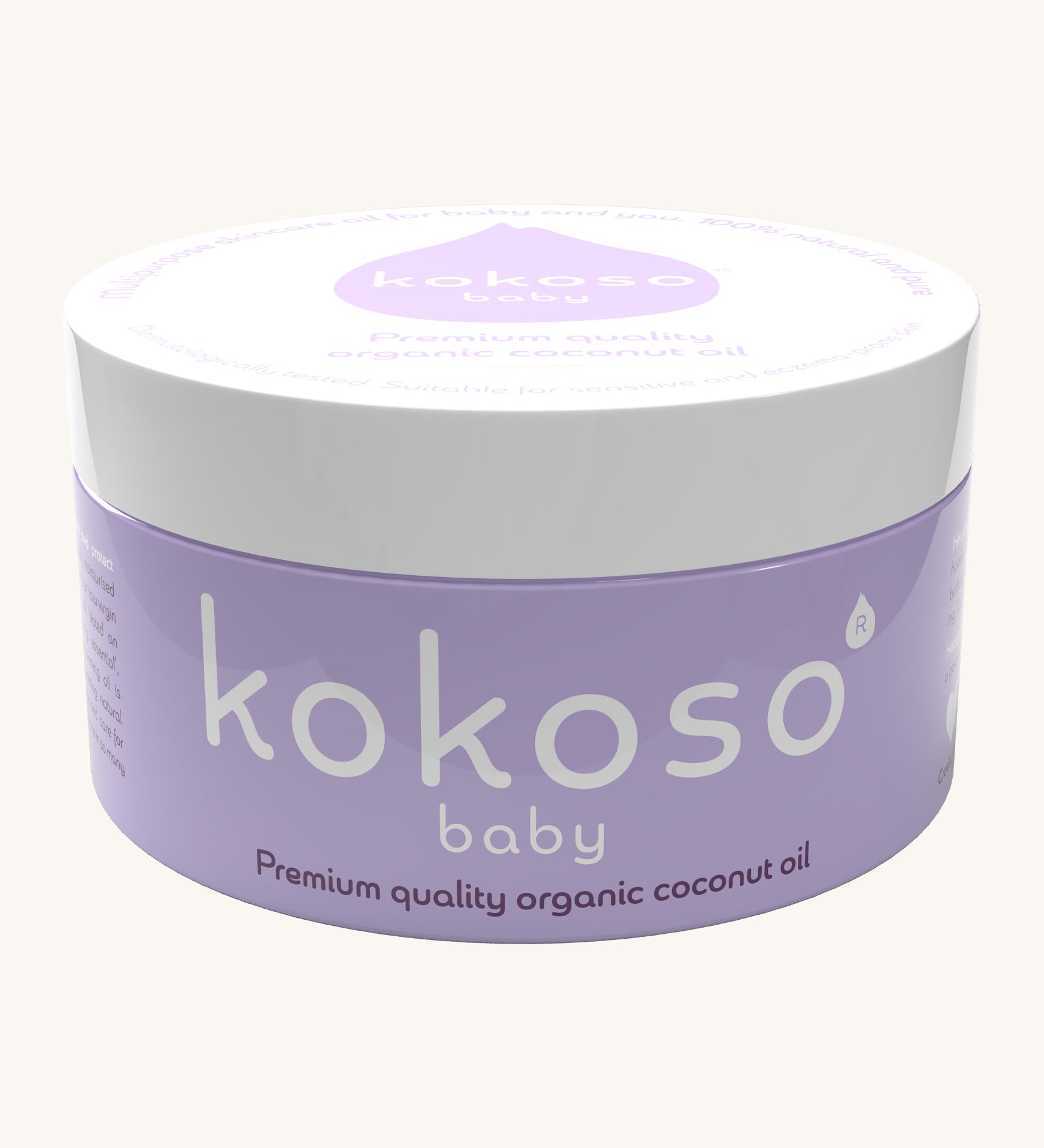Kokoso 168g baby organic coconut oil tub available at Babipur. A purple tub with a white lid. 