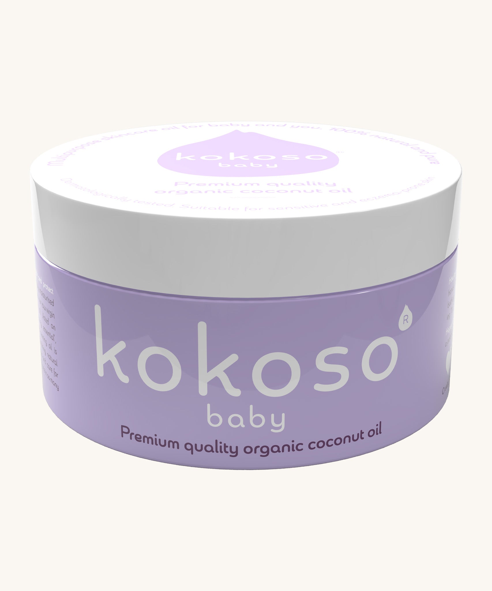Kokoso 168g baby organic coconut oil tub available at Babipur. A purple tub with a white lid. 