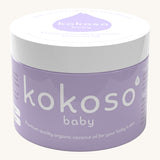 Kokoso 70g baby organic coconut oil tub available at Babipur. A purple tub with a white lid. 