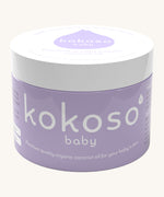 Kokoso 70g baby organic coconut oil tub available at Babipur. A purple tub with a white lid. 