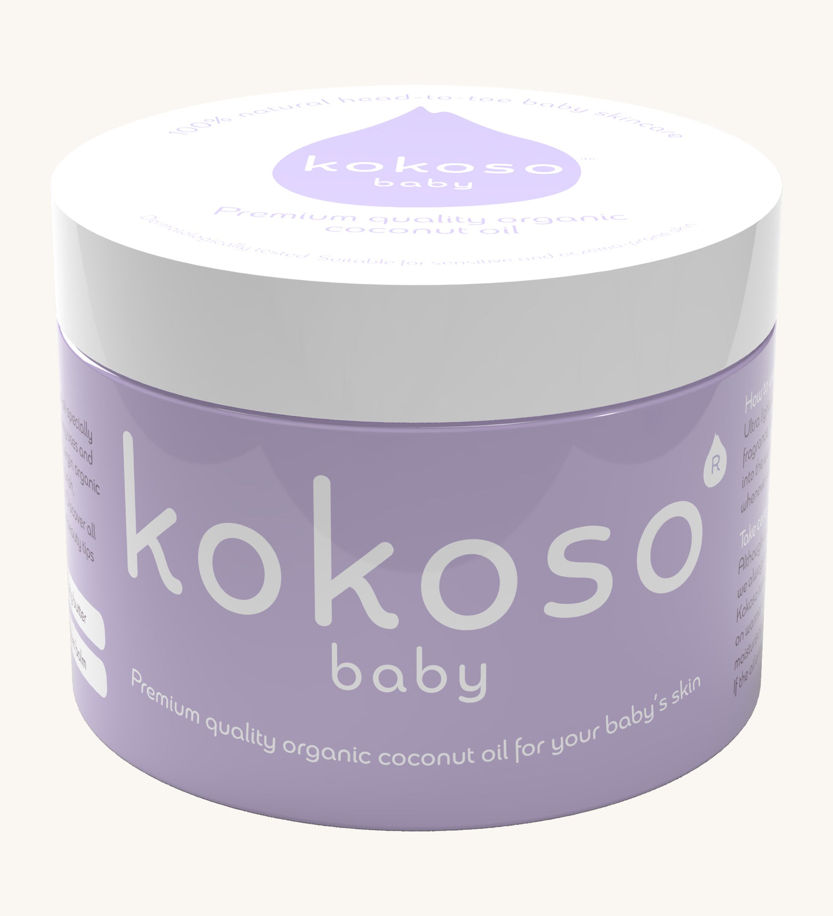 Kokoso 70g baby organic coconut oil tub available at Babipur. A purple tub with a white lid. 