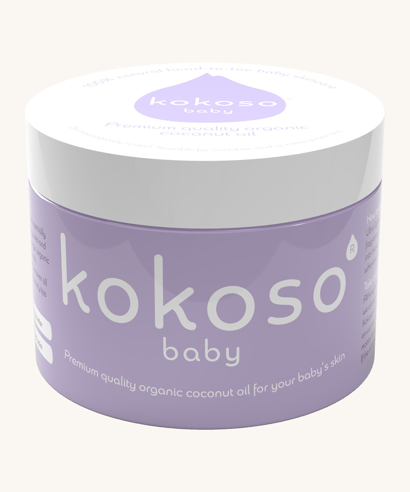 Kokoso 70g baby organic coconut oil tub available at Babipur. A purple tub with a white lid. 