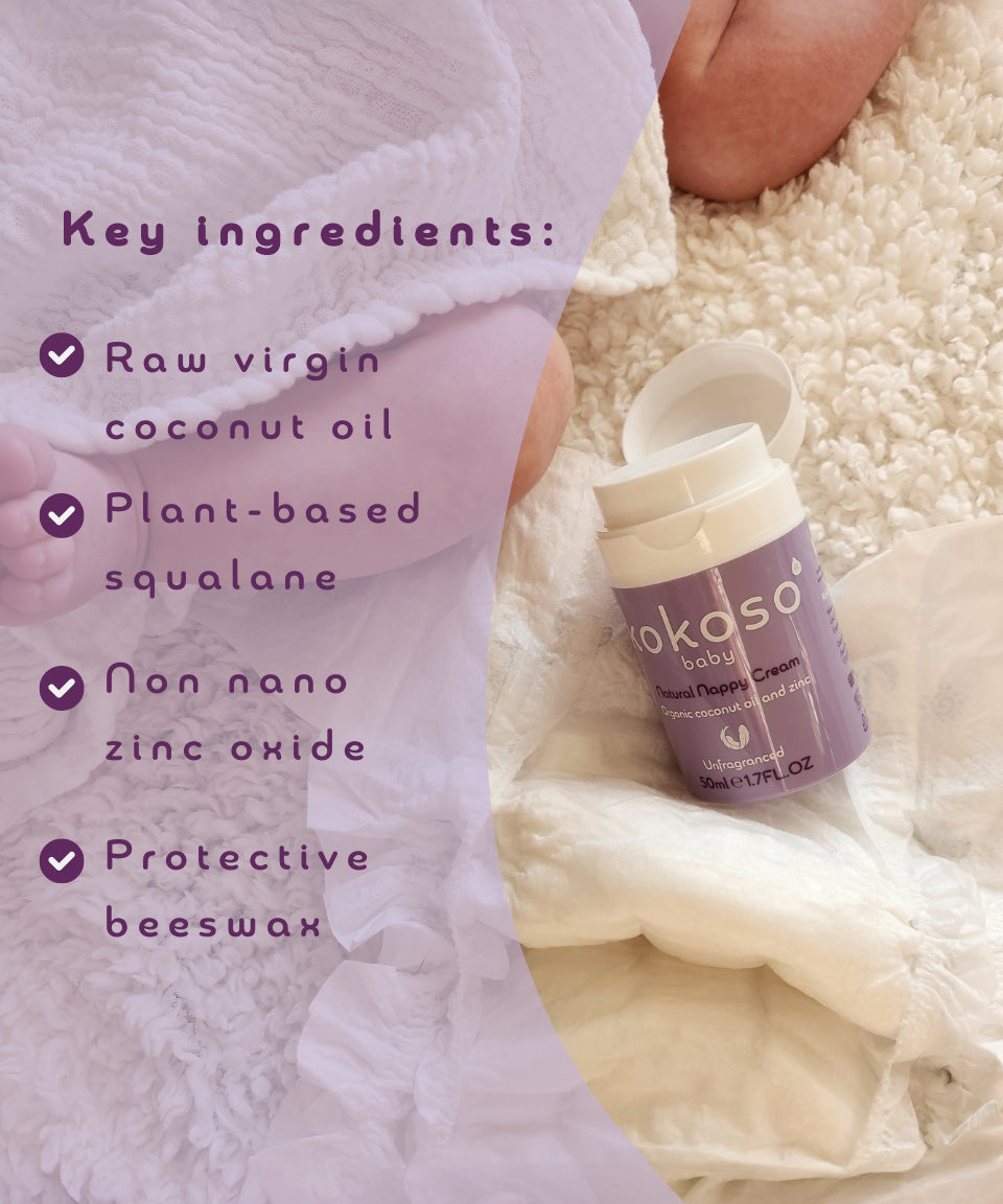 A graphic showing the different ingredients for the Kokoso organic coconut oil Happy Nappy Cream.  Kokoso's range of organic coconut oil baby care is available at Babipur. 