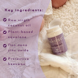A graphic showing the different ingredients for the Kokoso organic coconut oil Happy Nappy Cream.  Kokoso's range of organic coconut oil baby care is available at Babipur. 