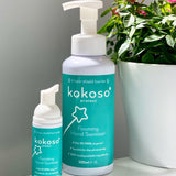 Kokoso protect foaming hand sanitiser original 500ml bottle standing next to the 50ml bottle, both bottles are available at Babipur