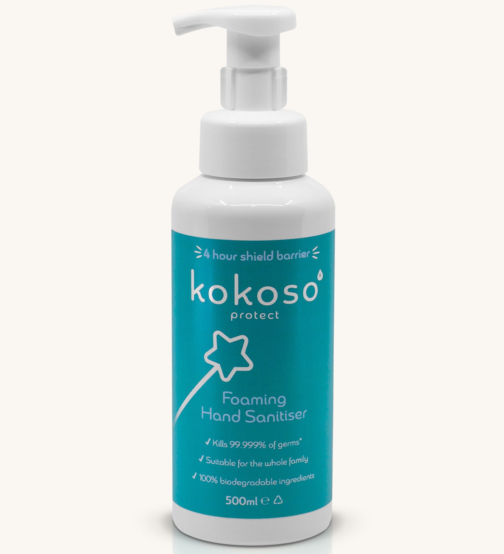 Kokoso protect foaming hand sanitiser original 500ml bottle available at Babipur. A white bottle with alcohol free foaming hand sanitiser. Features a push down dispenser.