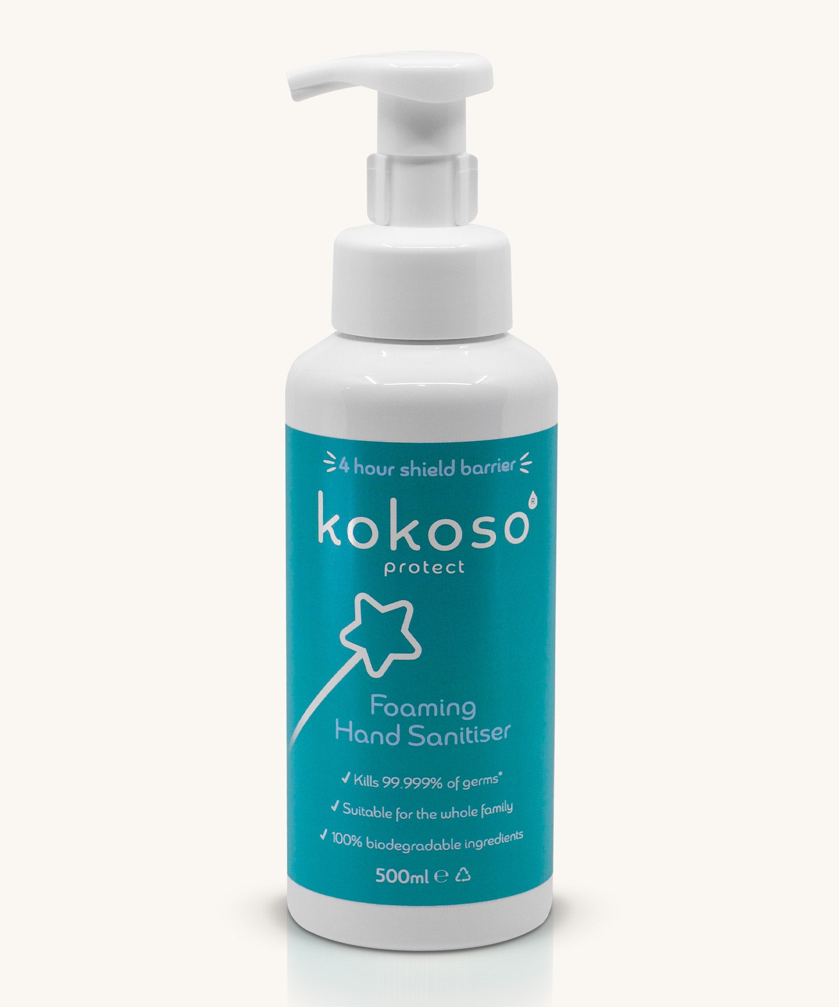 Kokoso protect foaming hand sanitiser original 500ml bottle available at Babipur. A white bottle with alcohol free foaming hand sanitiser. Features a push down dispenser.