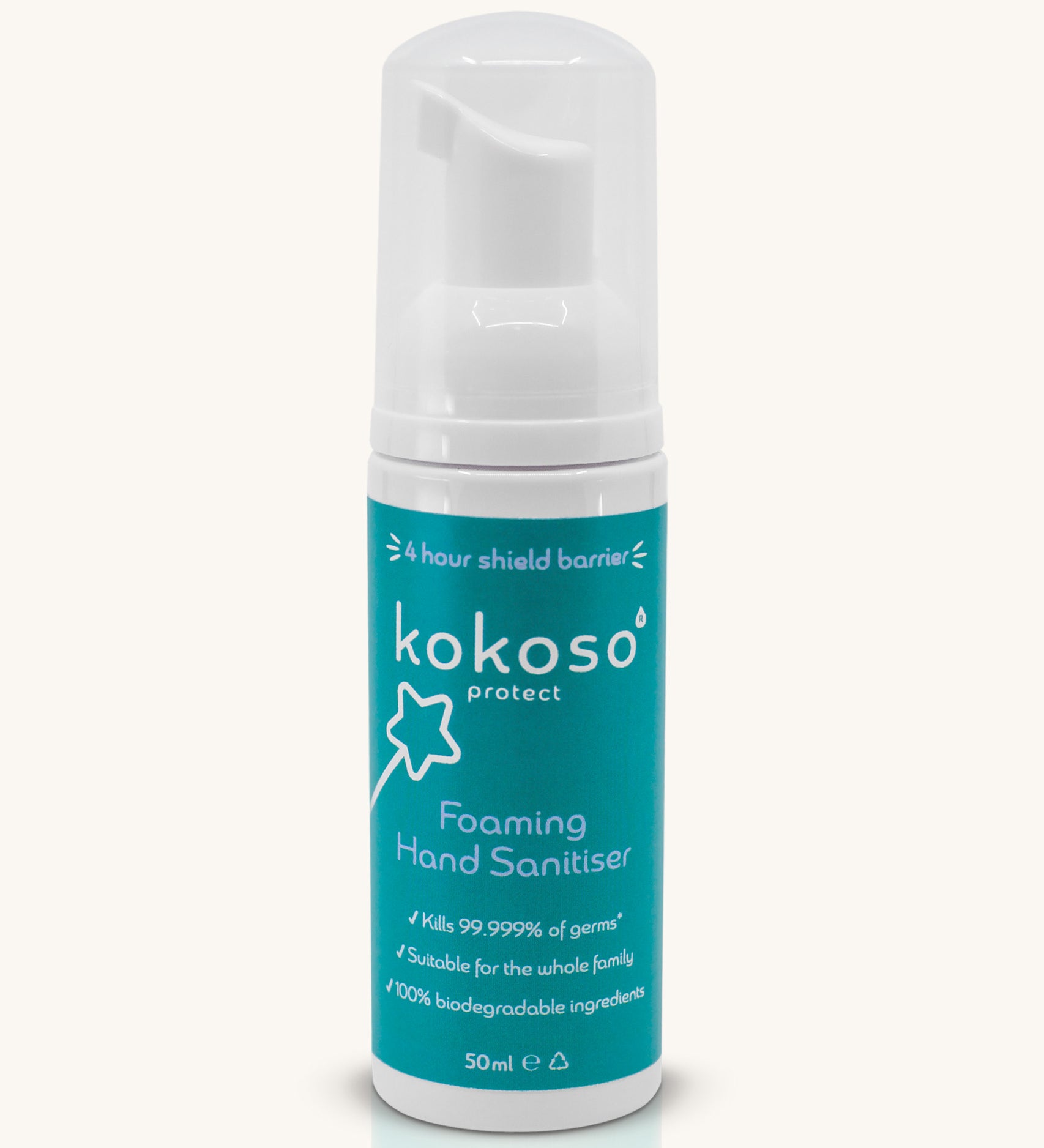 Kokoso protect foaming hand sanitiser original 50ml bottle available at Babipur. A white bottle with alcohol free foaming hand sanitiser. Features a push down dispenser.