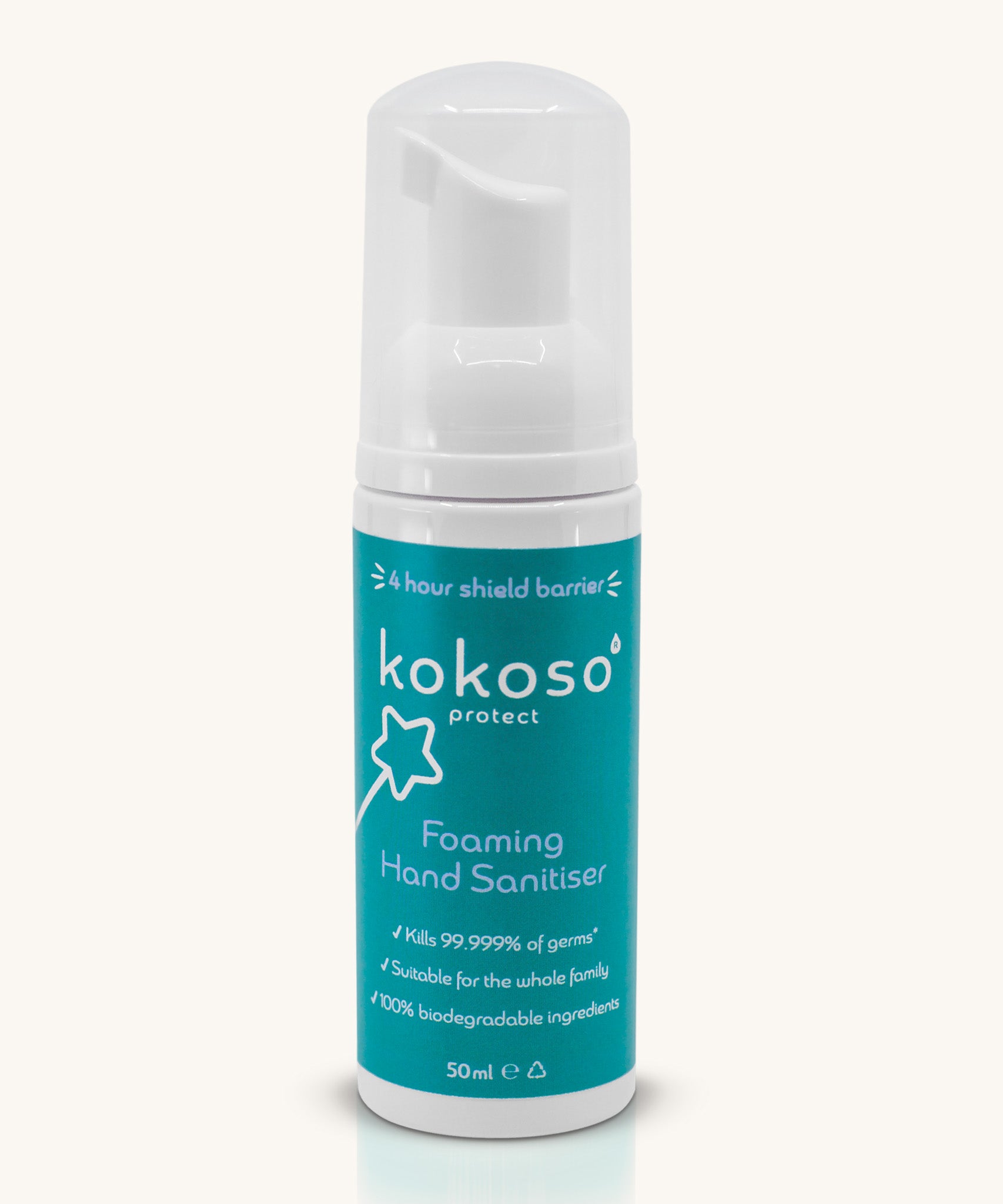 Kokoso protect foaming hand sanitiser original 50ml bottle available at Babipur. A white bottle with alcohol free foaming hand sanitiser. Features a push down dispenser.