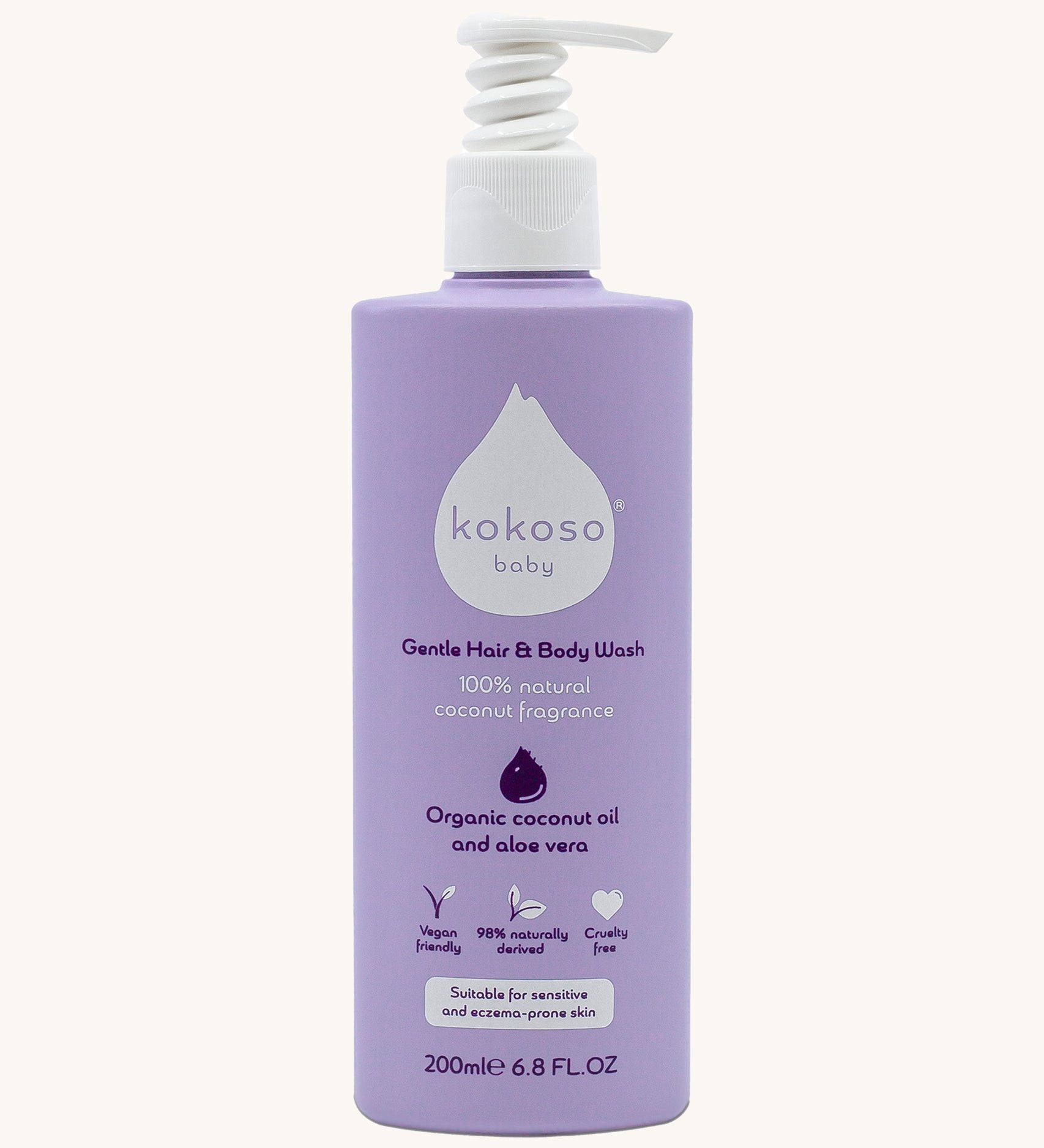 Kokoso softly coconut scented organic baby body and hair wash 200ml bottle available at Babipur. Features a push down dispenser. 