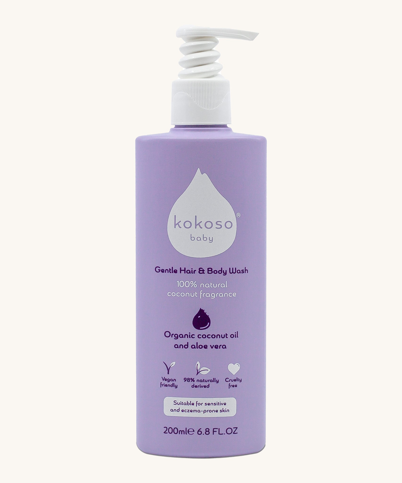Kokoso softly coconut scented organic baby body and hair wash 200ml bottle available at Babipur. Features a push down dispenser. 