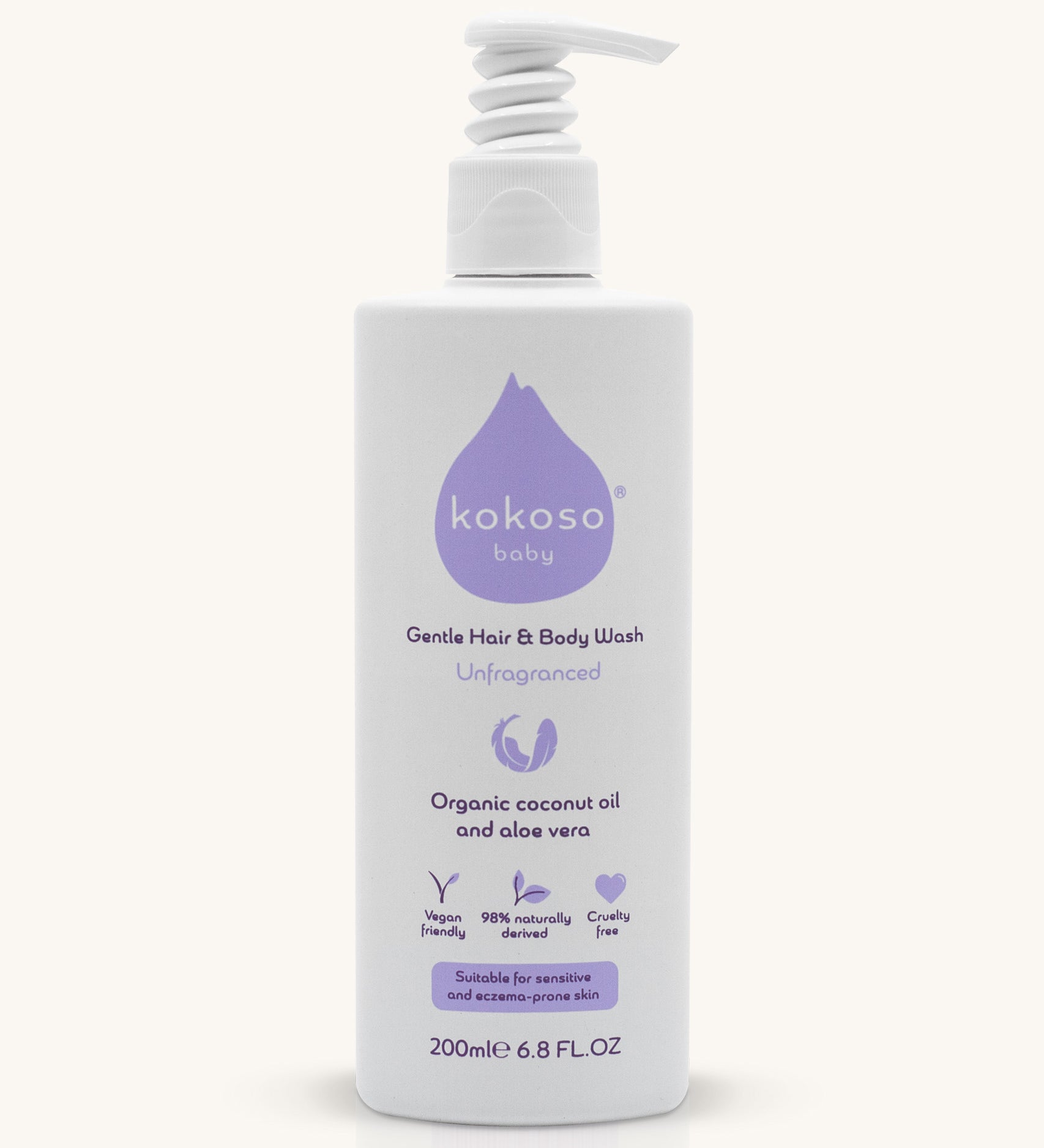 Kokoso unscented organic coconut oil and aloe vera baby body and hair wash 200ml bottle available at Babipur. Features a push down dispenser. 