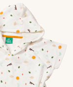 A closer look at the hood, popper fasteners and print on the LGR Adventure Baby Hooded Beach Towel Poncho