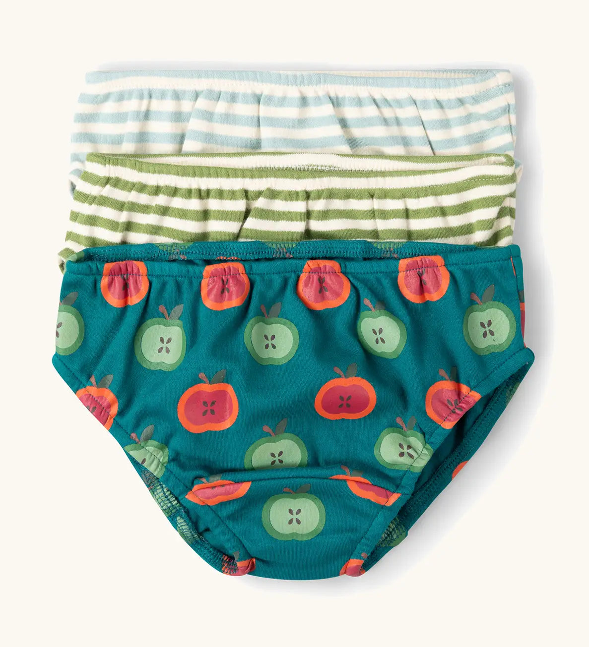 Little Green Radicals organic cotton blue apple picking gold 3 pack underwear set in stripes and a repeating half apple design.