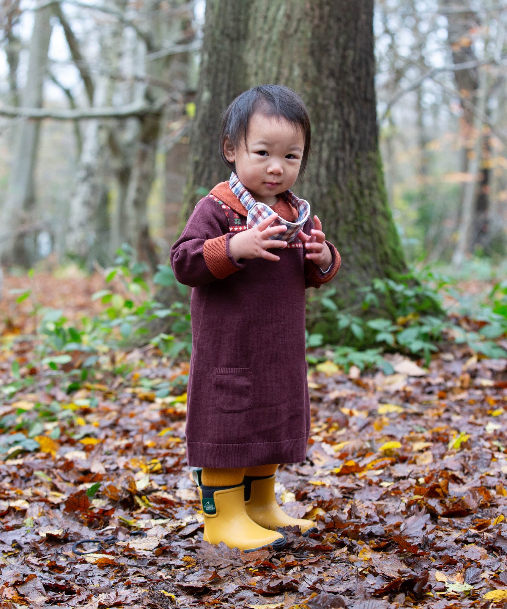 A child standing on leaves with trees in background and wearing the Little Green Radicals collecting flowers knitted collar dress.