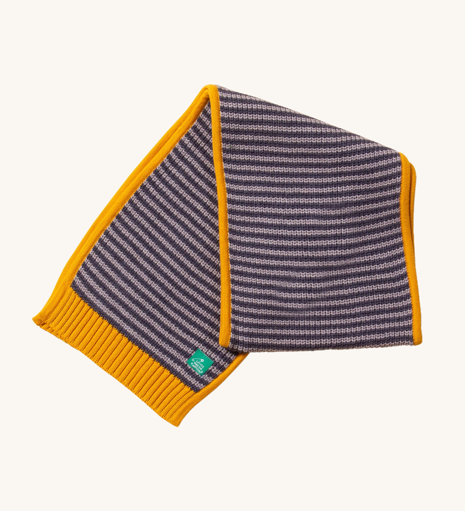 LGR Dreamy Blue Striped Knitted Scarf, with mustard yellow trim, made with super soft knitted cotton 