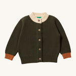 LGR From One To Another Fern Green Knitted Cardigan. A gorgeous fern green knitted cardigan with light brown wrist cuffs and a cream neck collar. This cardigan also buttons up at the front