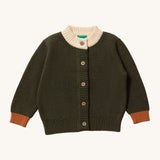 LGR From One To Another Fern Green Knitted Cardigan. A gorgeous fern green knitted cardigan with light brown wrist cuffs and a cream neck collar. This cardigan also buttons up at the front
