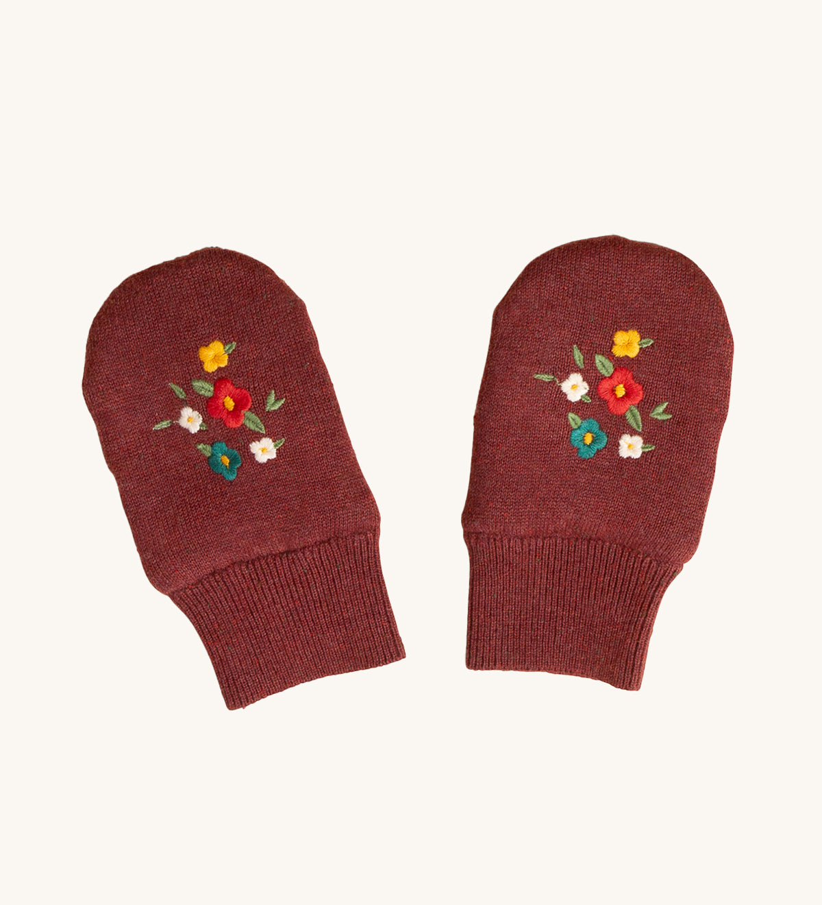 LGR Hazelnut Embroidered Knitted Mittens. A hazelnut fabric with colourful embroidered flowers, and elasticated wrists