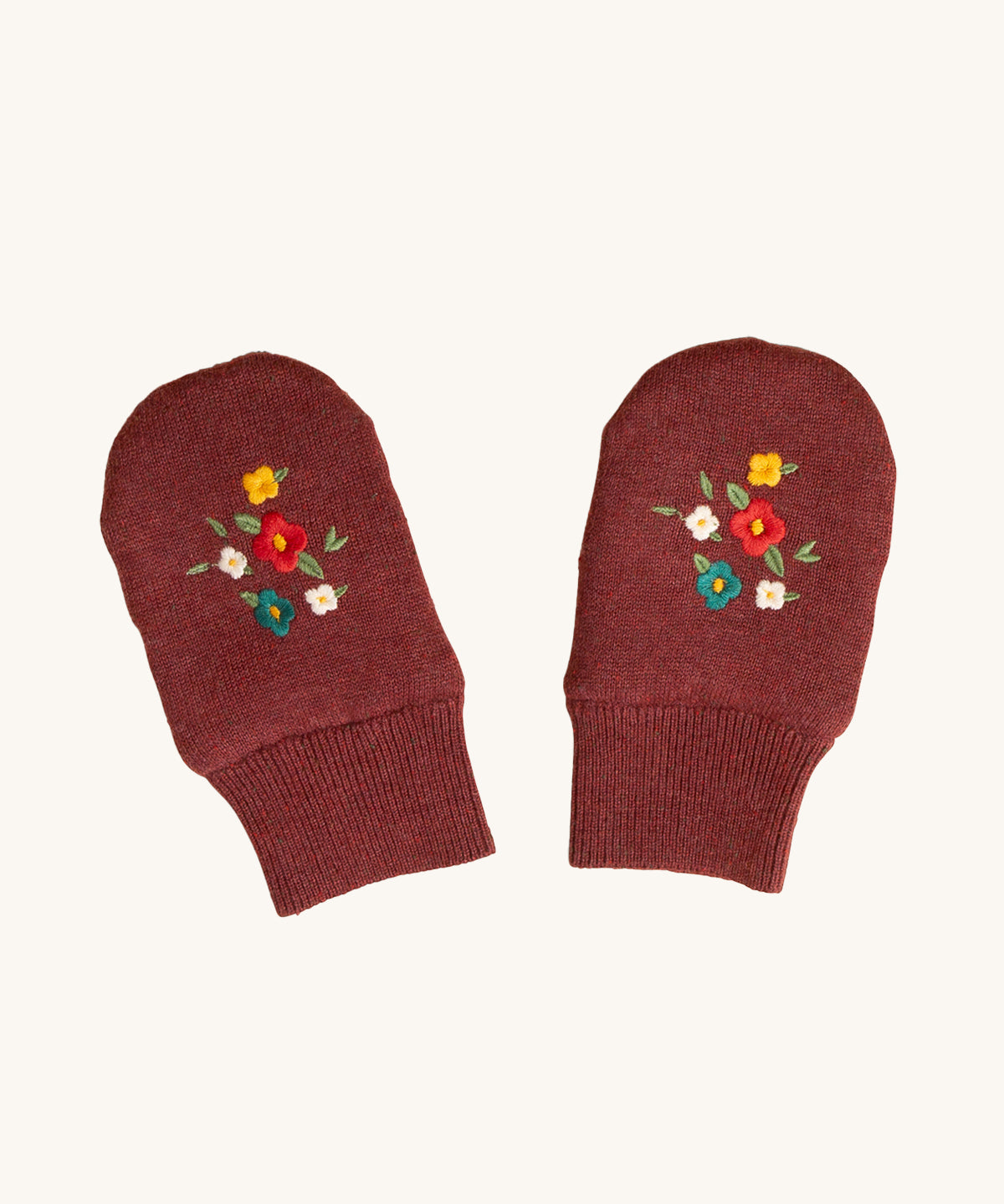 LGR Hazelnut Embroidered Knitted Mittens. A hazelnut fabric with colourful embroidered flowers, and elasticated wrists