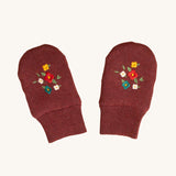 LGR Hazelnut Embroidered Knitted Mittens. A hazelnut fabric with colourful embroidered flowers, and elasticated wrists