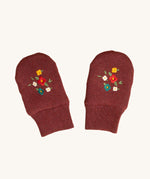 LGR Hazelnut Embroidered Knitted Mittens. A hazelnut fabric with colourful embroidered flowers, and elasticated wrists