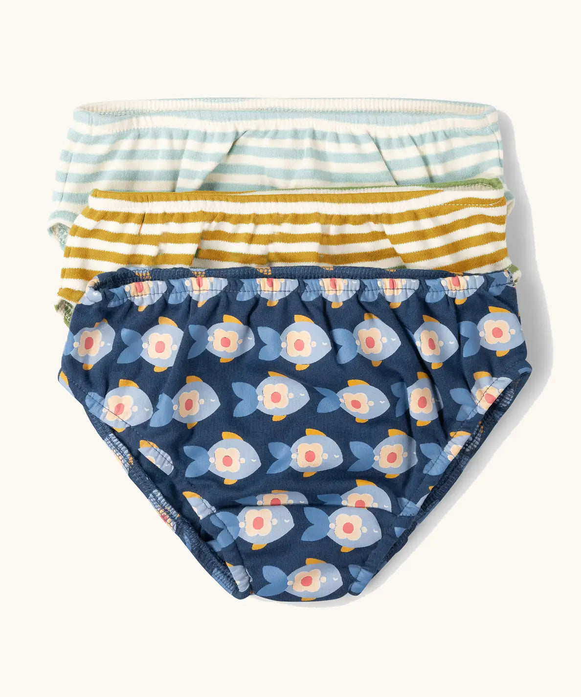 Little Green Radicals organic cotton little blue fish 3 pack underwear set in stripes and a repeating fish design.