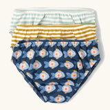 Little Green Radicals organic cotton little blue fish 3 pack underwear set in stripes and a repeating fish design.