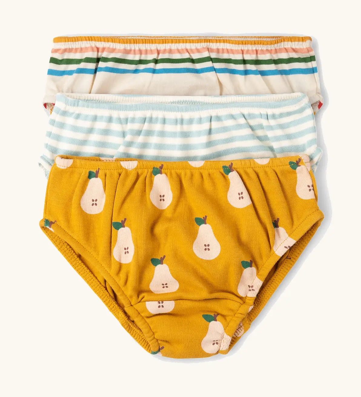 Little Green Radicals organic cotton Summer gold pears 3 pack underwear set in stripes and a repeating half pear design.