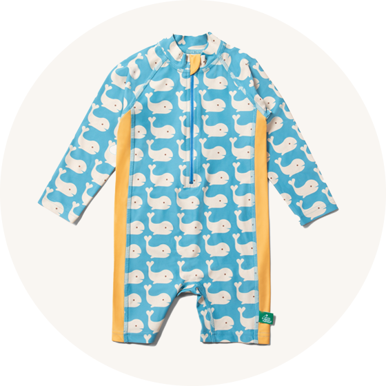 Little Green Radicals Blue Whales UPF50+ Recycled Sunsafe Suit - made from recycled bottles with a blue and white whale print and bright yellow piping down the sides.