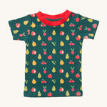 LGR Vegetable Patch Short Sleeve T-Shirt. A dark green fabric with fun vegetable repeat print and a red neck collar