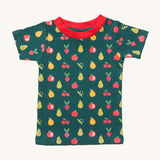 LGR Vegetable Patch Short Sleeve T-Shirt. A dark green fabric with fun vegetable repeat print and a red neck collar