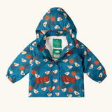 Little Green Radicals blue sun birds recycled waterproof fleece lined adventure Winter coat with the zip half open.