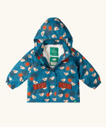 Little Green Radicals blue sun birds recycled waterproof fleece lined adventure Winter coat with the zip half open.