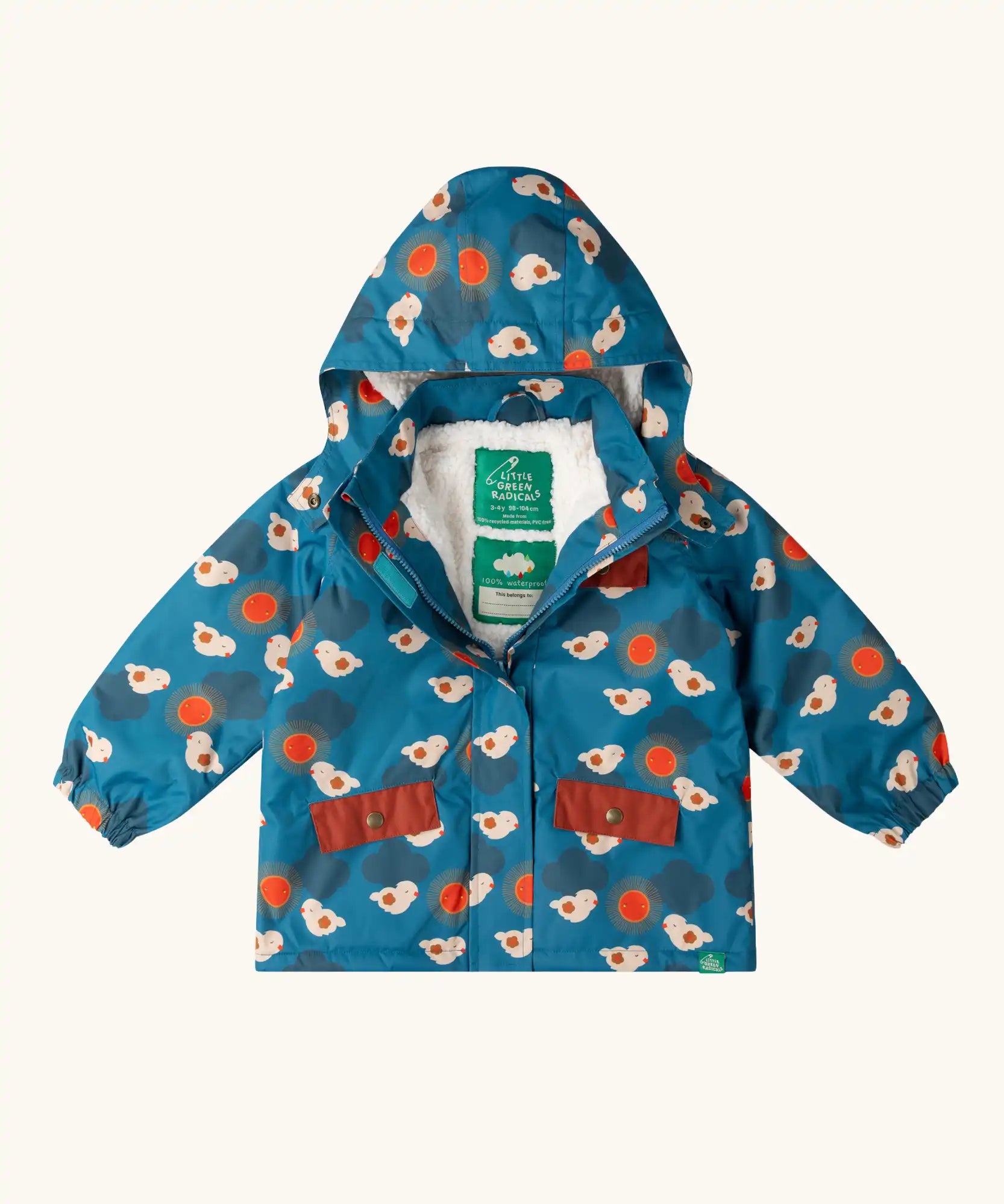 Little Green Radicals blue sun birds recycled waterproof fleece lined adventure Winter coat with the zip half open.