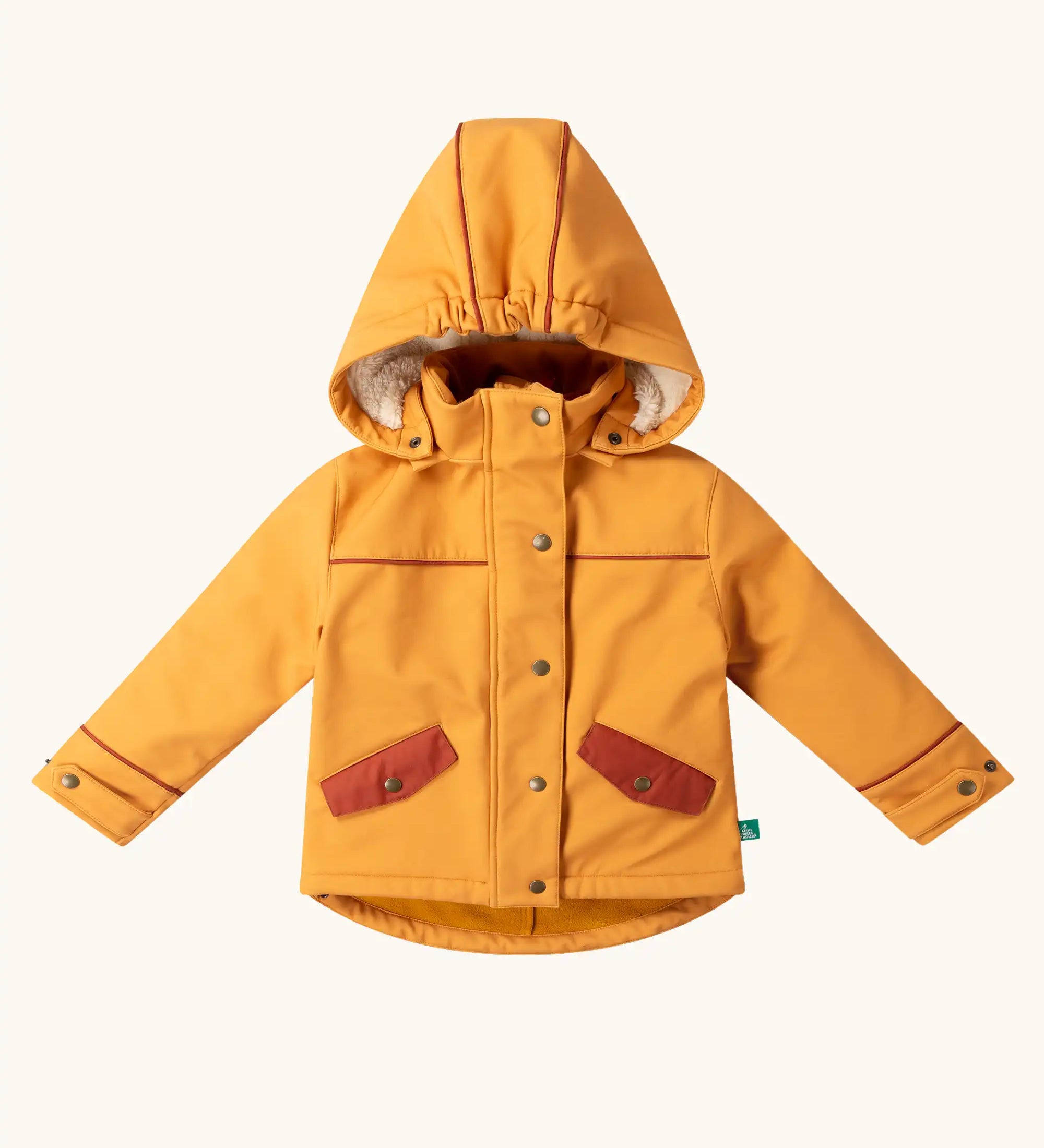 Little Green Radicals  yellow gold recycled waterproof 3 in 1 coat. Yellow gold waterproof coat with a removable fleece layer inside. 