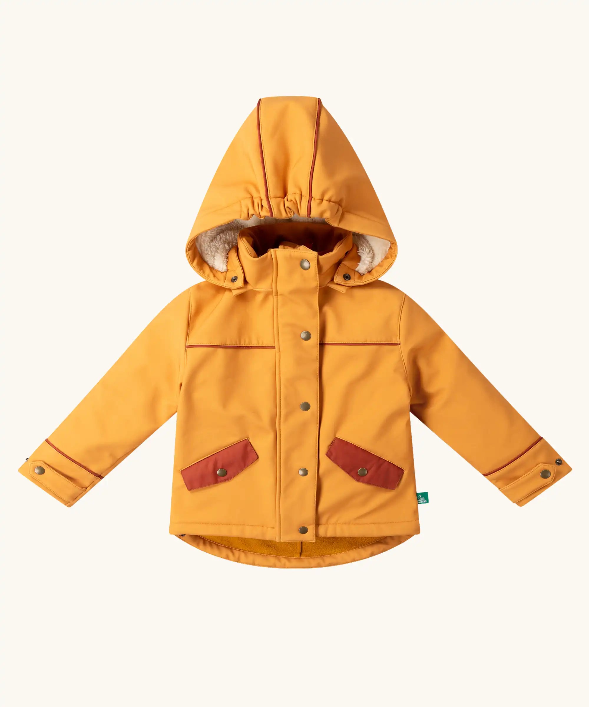 Little Green Radicals  yellow gold recycled waterproof 3 in 1 coat. Yellow gold waterproof coat with a removable fleece layer inside. 