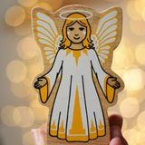Lanka Kade angel with white and yellow dress, halo and wings, a kids Christmas wooden toy.
